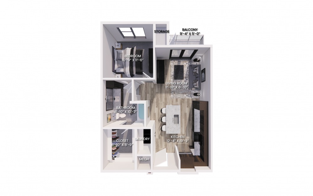A1 - 1 bedroom floorplan layout with 1 bath and 722 to 748 square feet.