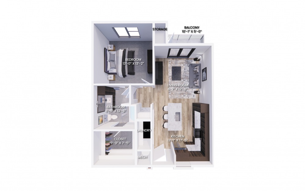 A2 - 1 bedroom floorplan layout with 1 bath and 812 square feet.