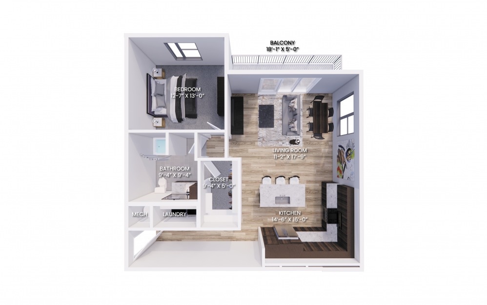 A4 - 1 bedroom floorplan layout with 1 bath and 904 square feet.