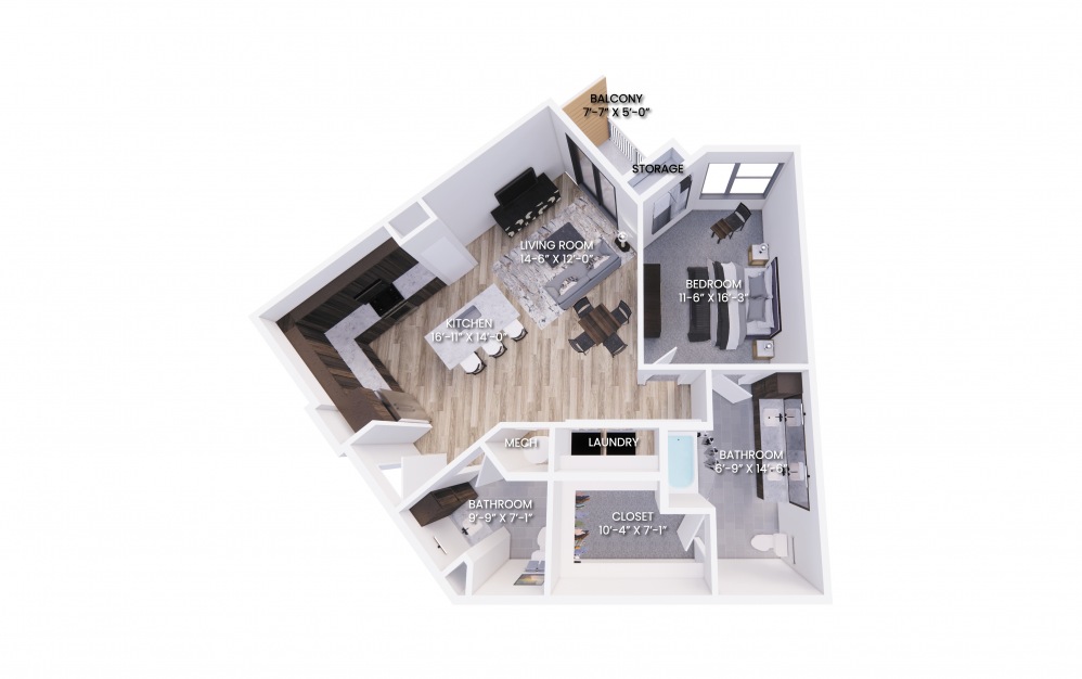 A5 - 1 bedroom floorplan layout with 1.5 bath and 1032 square feet.