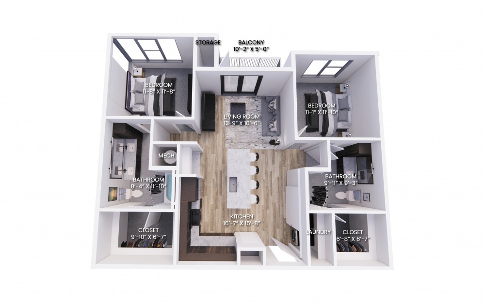B1 - 2 bedroom floorplan layout with 2 baths and 1120 square feet.
