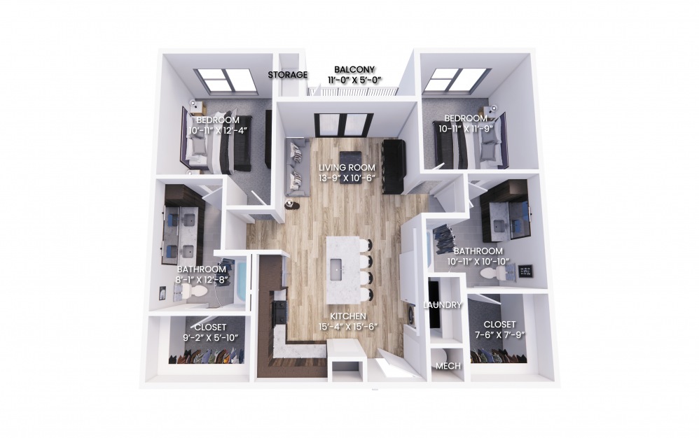B2 - 2 bedroom floorplan layout with 2 baths and 1134 to 1170 square feet.