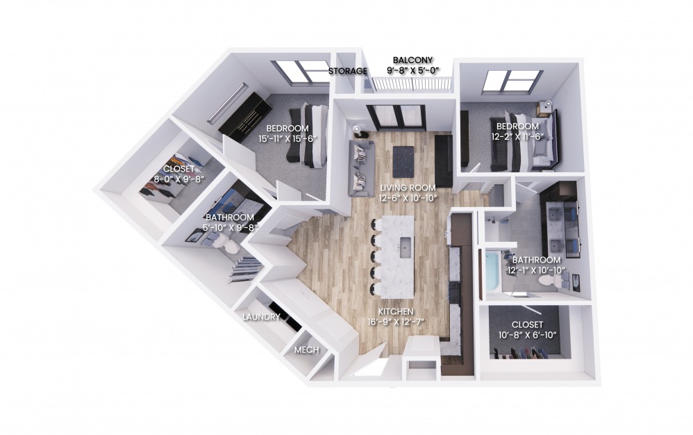 B3 - 2 bedroom floorplan layout with 2 baths and 1261 square feet.