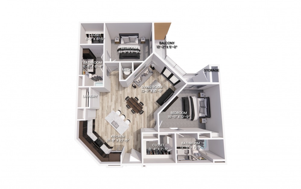 B4 - 2 bedroom floorplan layout with 2 baths and 1278 square feet.