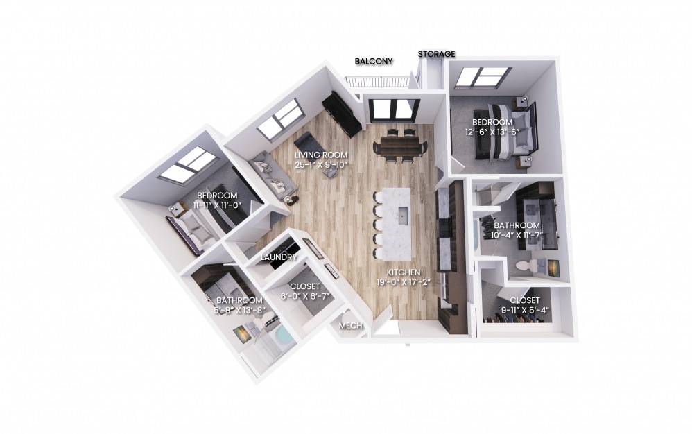 B5 - 2 bedroom floorplan layout with 2 baths and 1295 square feet.