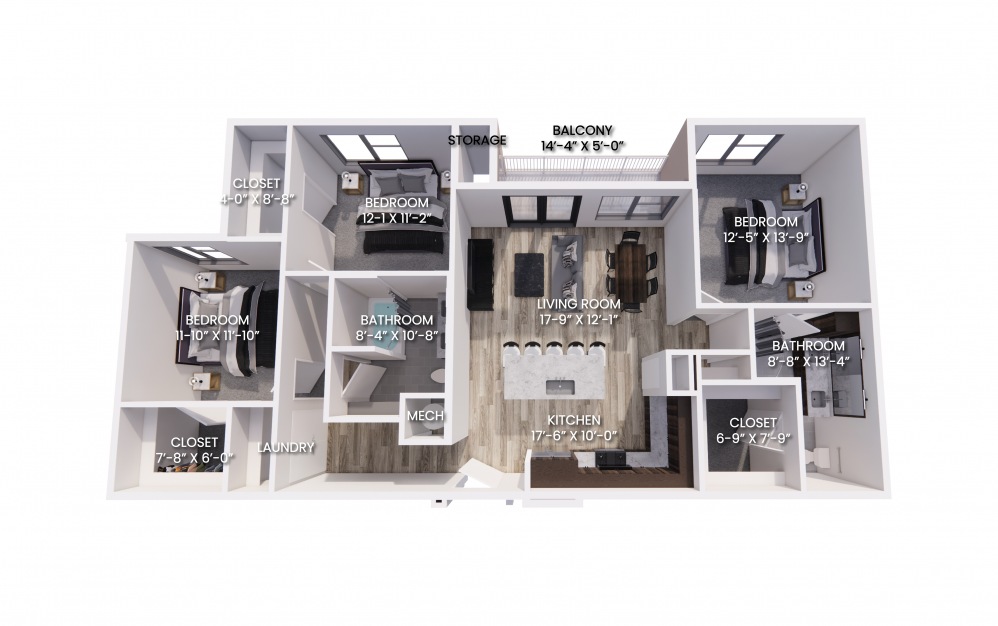 C1 - 3 bedroom floorplan layout with 2 baths and 1410 square feet.